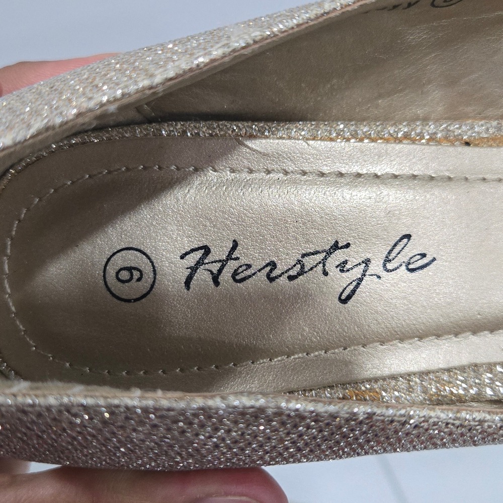 Herstyle Spiccyy Gold Glitter Peep Toe Platform Stiletto Heels Womens Size 9 - Picture 10 of 10